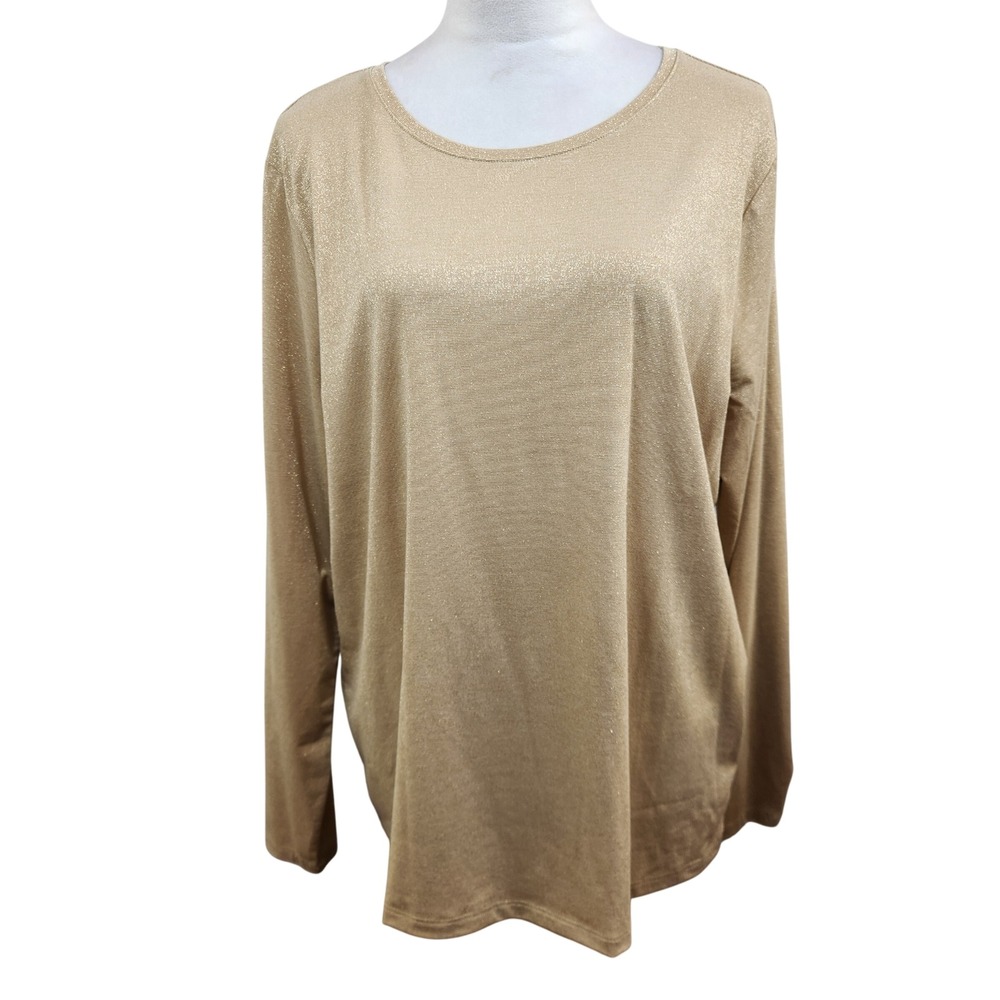 Talbots Womens Gold Metallic Crew Neck Knit Shirt Long Size 2X Holiday Top NWT